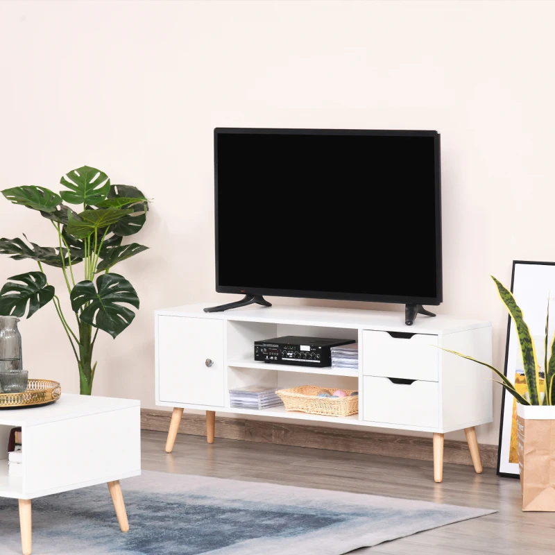 HOMCOM Mueble de TV para Televisiones de 50" Mesa de Salón con Puerta 2 Estantes Abiertos y 2 Cajones 120x28x44 cm Blanco