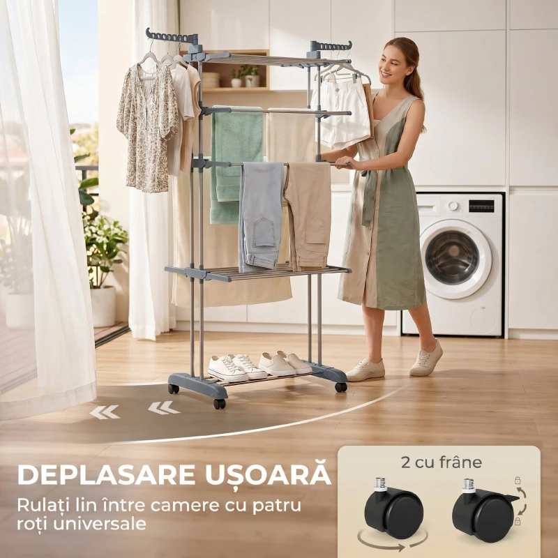 HOMCOM Suport de Uscat Rufe Pliabil cu 5 Niveluri, Uscător Vertical cu Roți, Gri