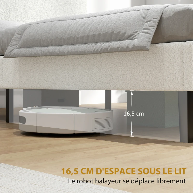 HOMCOM Cadre de Lit 140x190cm avec Sommier, Tête de Lit Réglable, Lit Double Rembourré en Velours Teddy, Lattes en Métal, Blanc
