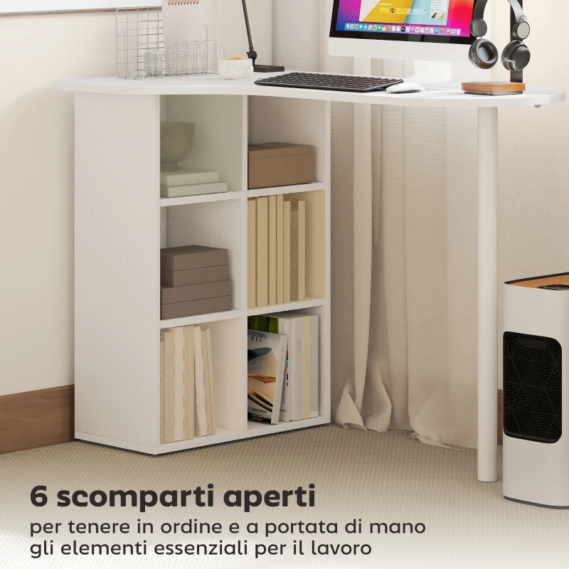 HOMCOM Scrivania per Camera Ricurva con 6 Ripiani e 4 Scaffali Regolabili, in Acciaio e Legno, 100x59x75.5 cm, Bianco
