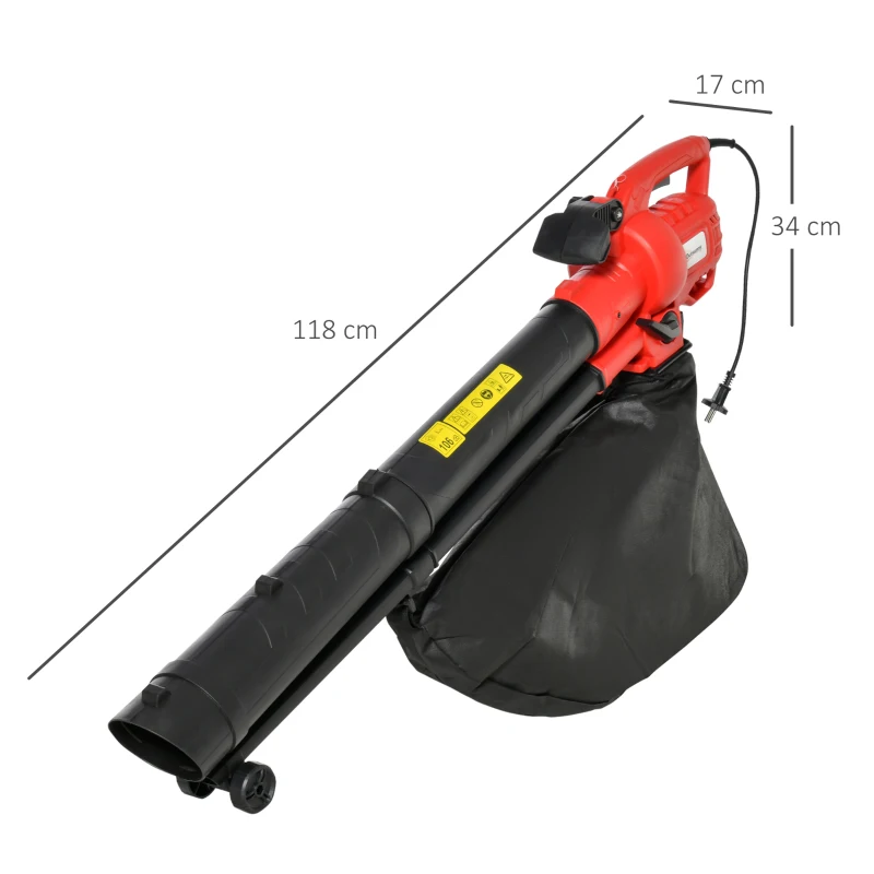 Outsunny 3-In-1 Elektro Laubsauger Laubbläser 3000 W Elektro-Vakuumgebläse Elektro-Laubbläser Gartenblattgebläse mit 45-Liter Fangsack Kunststoff Rot+Schwarz 118 x 17 x 34 cm