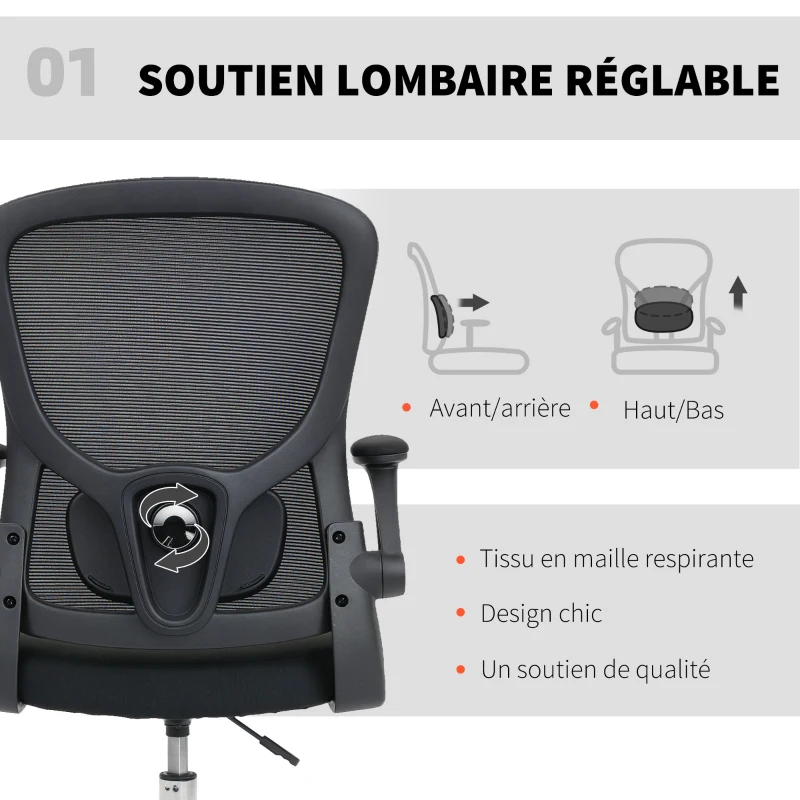 HOMCOM Chaise bureau ergonomique, chaise de dessin, support lombaire 4D, accoudoirs relevables, 60 x 60 x 108-132 cm, noir