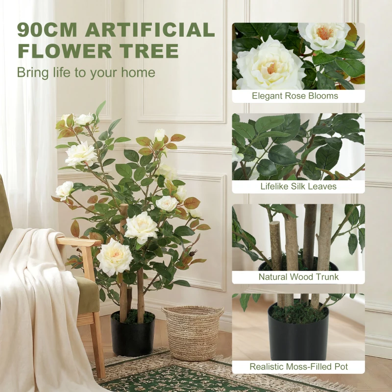 HOMCOM 90cm Artificial Rose Tree, Decorative Fake Plant with 344 Silk Leaves 17 Flowers for Outdoor Indoor Decor, White