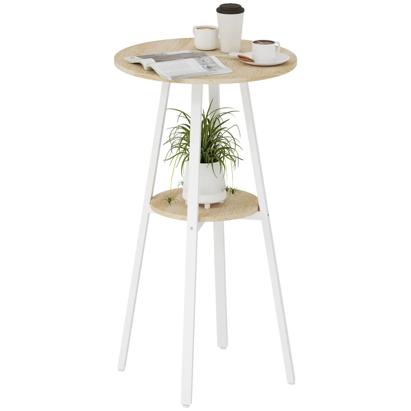 HOMCOM Masă Înaltă Rotundă cu Raft, Masă Modernă pentru Bucătărie sau Dining, PAL, Metal, Lemn Natural și Alb