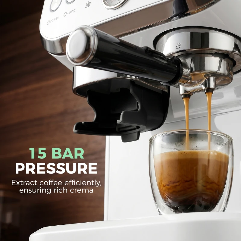 HOMCOM 15 Bar Coffee Machine, with Adjustable Grind, Steamer and Accessories - White