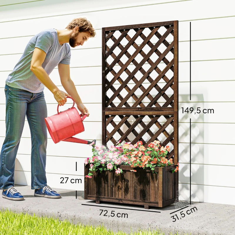 Outsunny Jardinera con Enrejado de Madera Macetero de Jardín con Soporte para Trepadora 72,5x31,5x149,5 cm Carbonizado