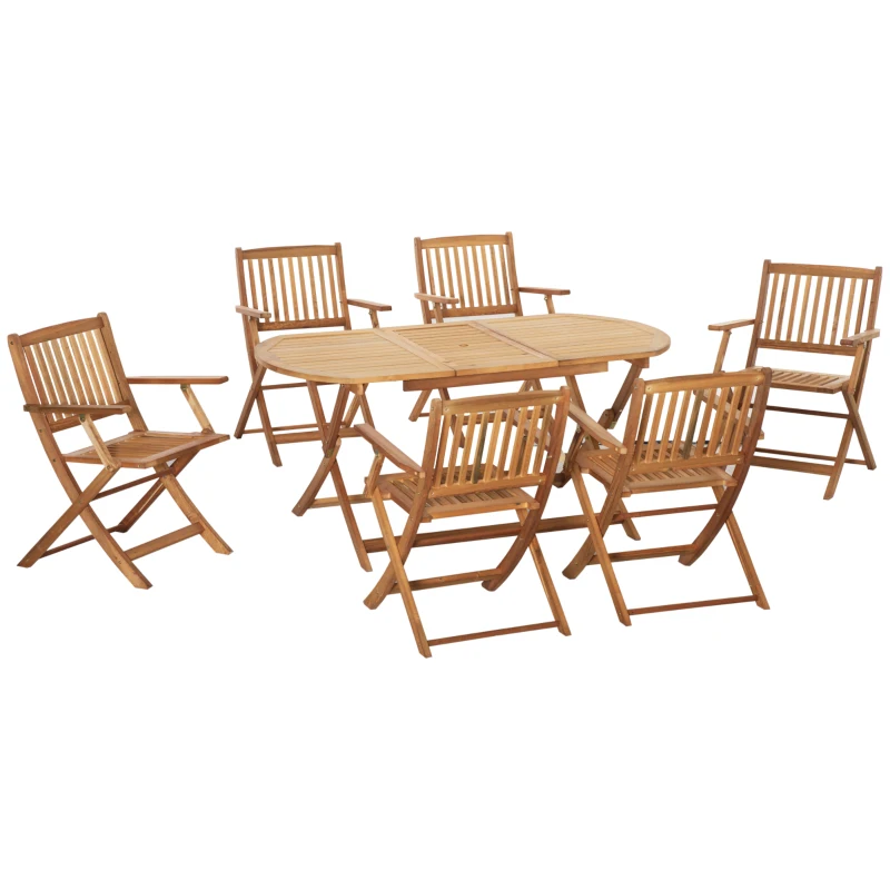Outsunny Ensemble salon de jardn avec  table à manger ovale et 6 chaises pliables 7 pièces ensemble de meubles extérieur en bois de peuplier pour 6 personnes trou pour parasol