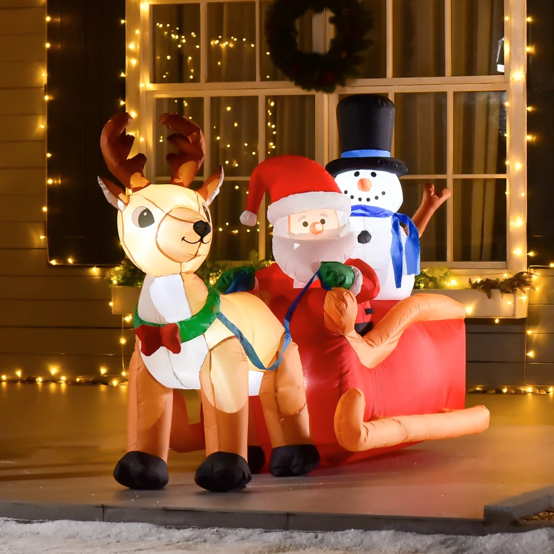 HOMCOM Père Noël gonflable avec traîneau et rennes 200 cm 5 lumières LED décoration de Noël intérieure et extérieure rouge