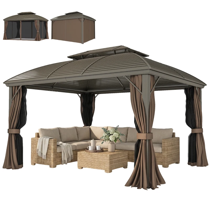 Outsunny 3.65 x 3(m) Hardtop Steel Gazebo Canopy with Aluminium Frame, Double Roof, Net Sidewalls and Curtains, Coffee