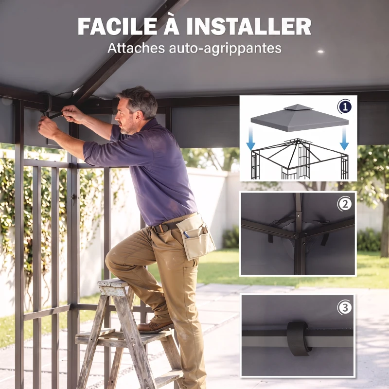 Outsunny Toit de Remplacement pour pavillon de Jardin Toile de Rechange pour pavillon tonnelle Tente 3 x 3 m Gris