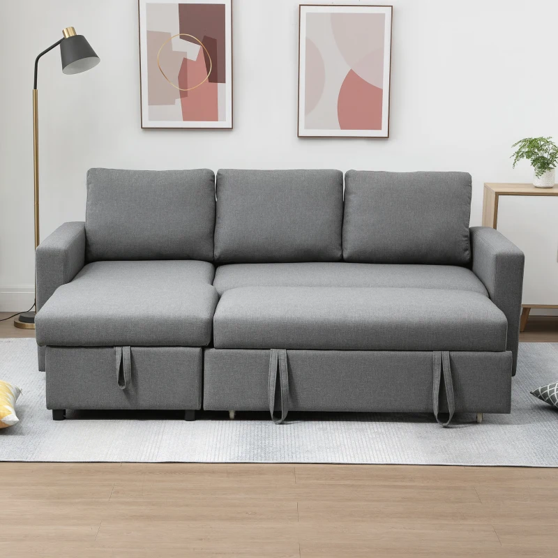 HOMCOM Sofá de Canto com Função de Dormir Baú Chaise Longue Sofá-Cama Sofá de Tecido em L Aspeto Linho 211,5x146x85 cm Cinza Claro