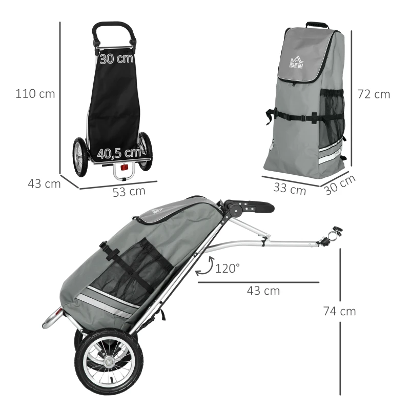 HOMCOM 3 em 1 Carrinho de Compras Reboque para Bicicleta Carrinho de Mão 53x43x110 cm Cinza e Prata