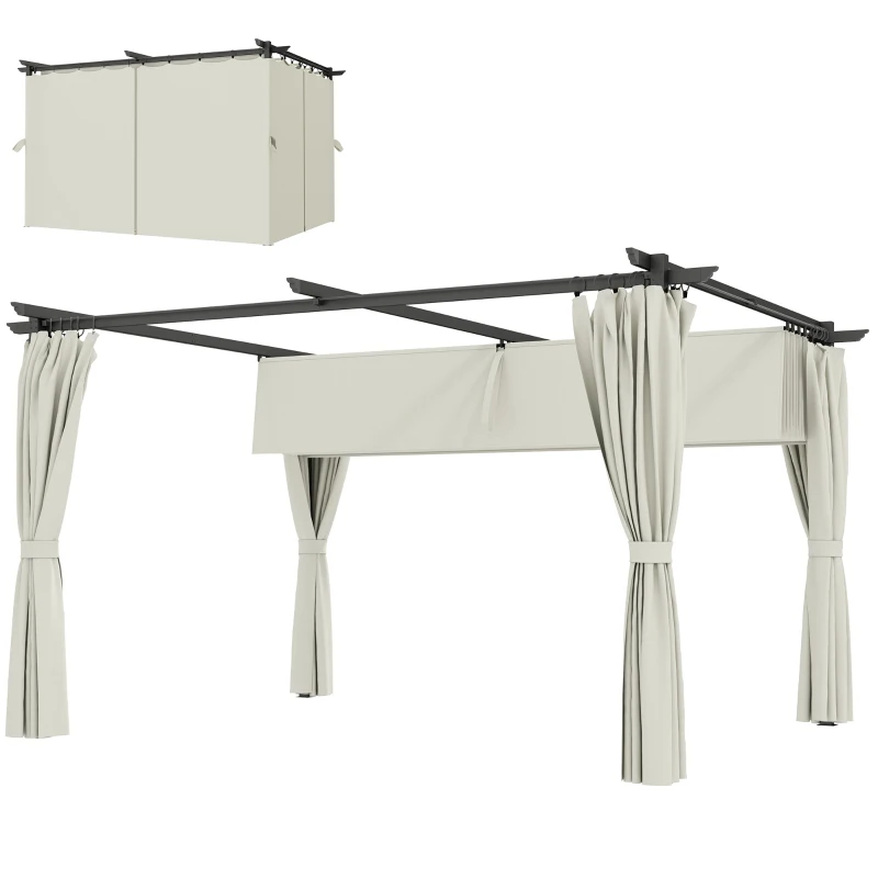 Outsunny Pergola 3 x 3 m avec Auvent Rétractable et Rideaux, Abri de Soleil UPF30+ pour Jardin, Terrasse, Extérieur