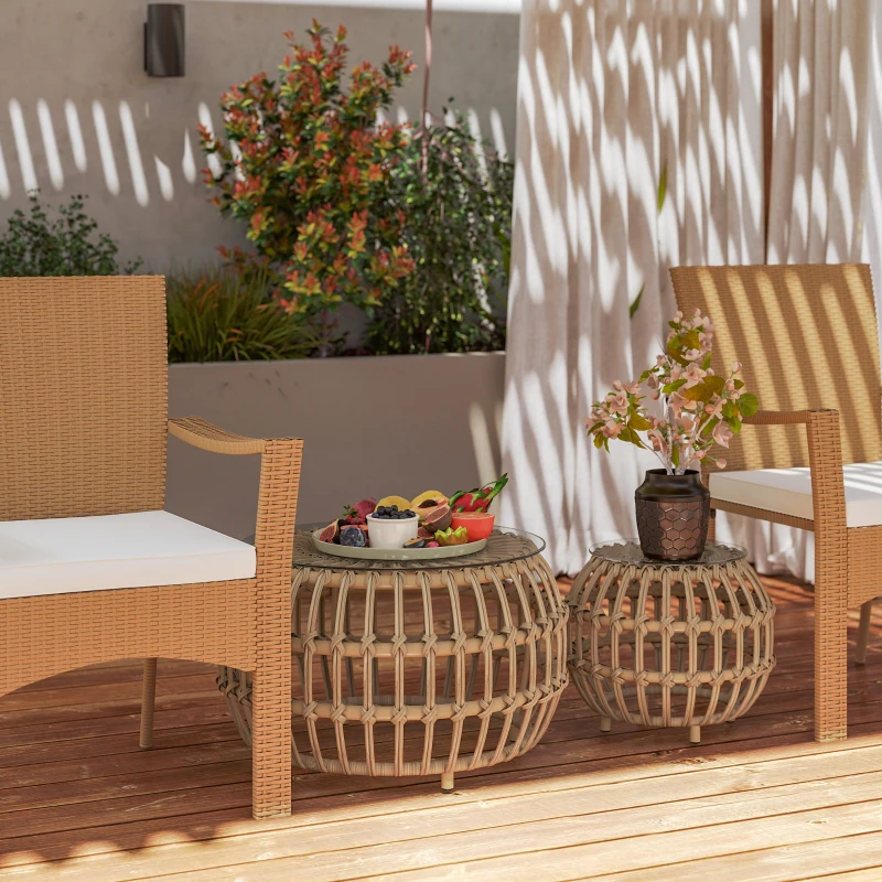 Outsunny 2er Set Beistelltisch Polyrattan Ø66/42 cm rund wetterfest Gartentisch mit Glasplatte Braun