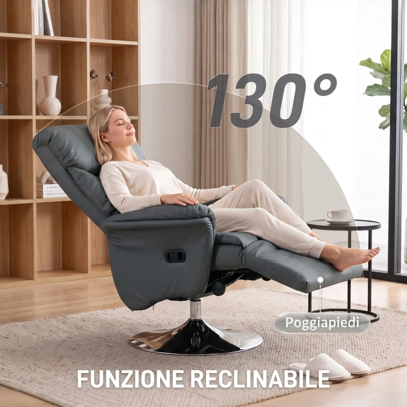 HOMCOM Poltrona Relax Girevole Reclinabile 130° con Poggiapiedi, Braccioli Svasati, in Finta Pelle, Grigio