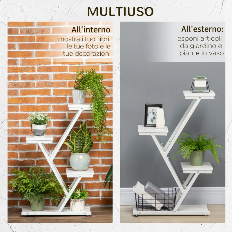 Outsunny Scaletta Portavasi a 4 Livelli per Interni ed Esterni in MDF e Acciaio, 50.5x24x81 cm, Bianco