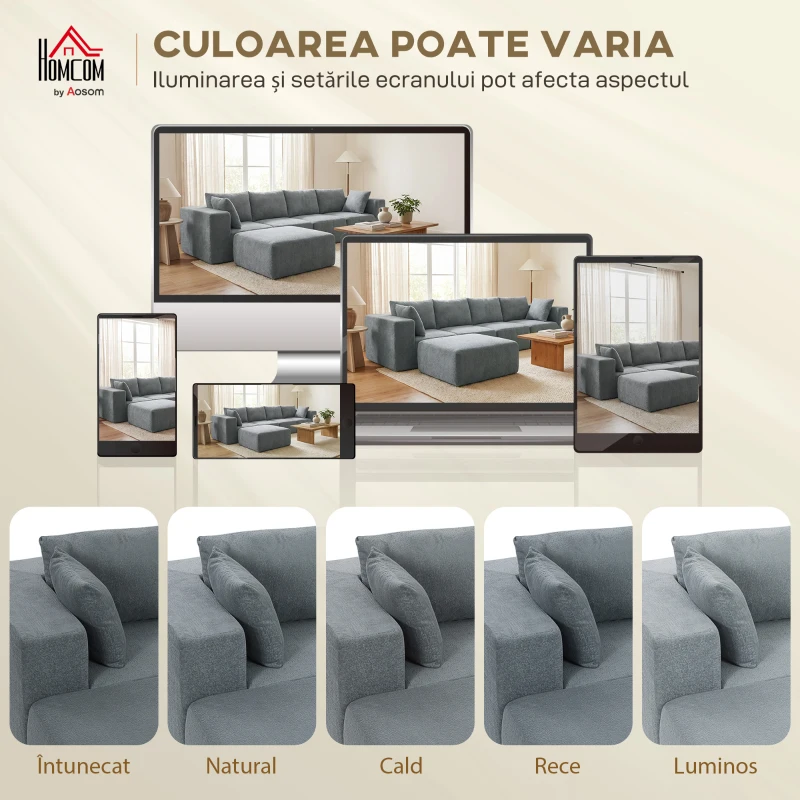 HOMCOM Colțar Modular din Material Catifea și Spumă cu Perne, 294x165x70 cm, Gri Închis