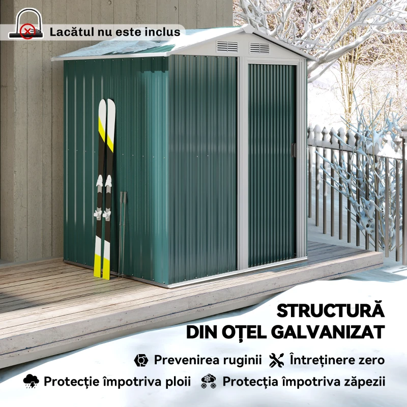 Outsunny Căsuță de Grădină Adăpost pentru Unelte în Oțel cu Acoperiș Inclinat și 4 Deschideri de Ventilație, 152x132x188 cm, Verde(m-4)