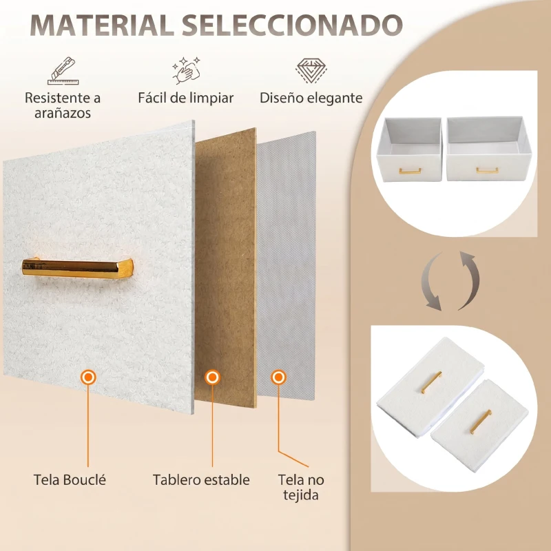 HOMCOM Cómoda con 8 Cajones de Tela Acabado en Borreguito Sintético Estación de Carga y Carga USB-C para Dormitorio Crema