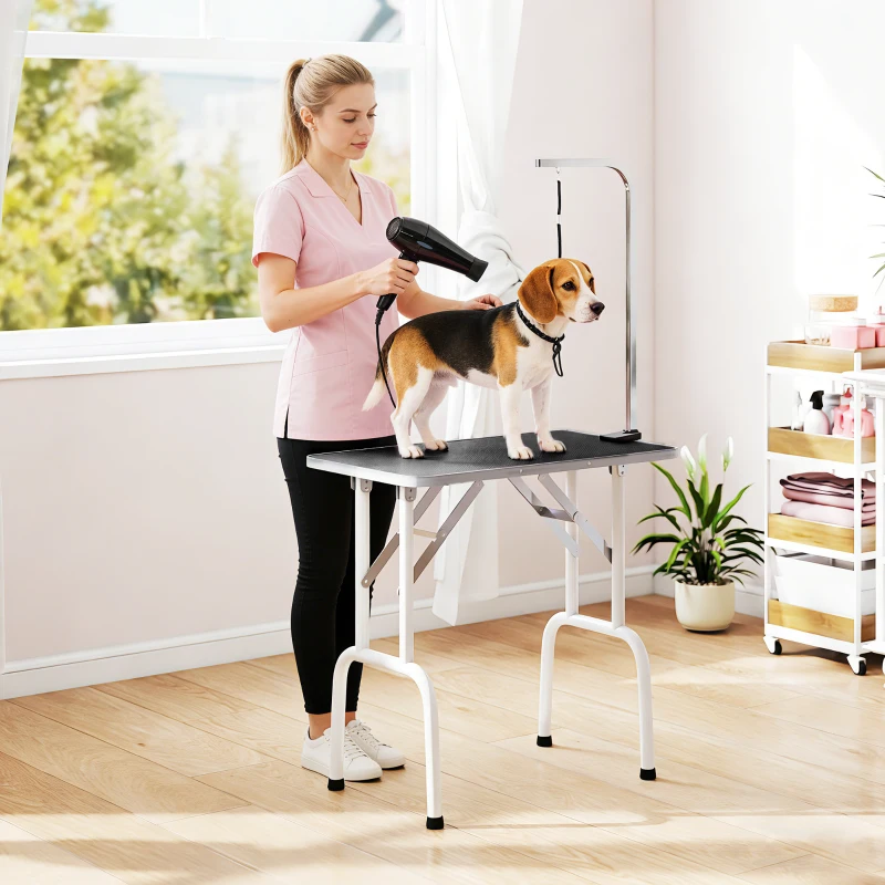 PawHut Mesa de Peluquería Canina Plegable con Encimera Antideslizante Brazo Ajustable 81x48,5x80 cm Negro