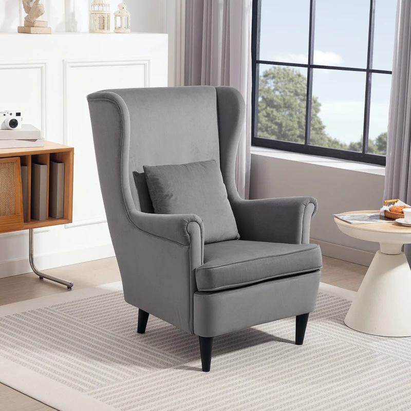 HOMCOM Modern Accent Chair with High Backrest and Pillow, Velvet-Feel Fabric Reading Chair with Solid Wood Legs, Grey