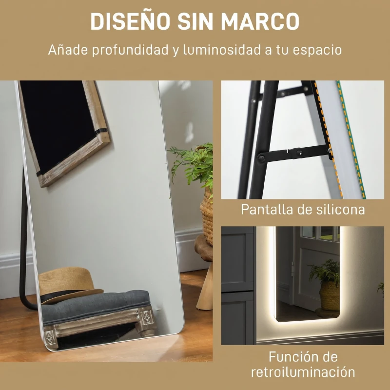 HOMCOM Espejo de Cuerpo Entero con Luz LED 150x40 cm con Iluminación de 3 Colores Función de Memoria Transparente