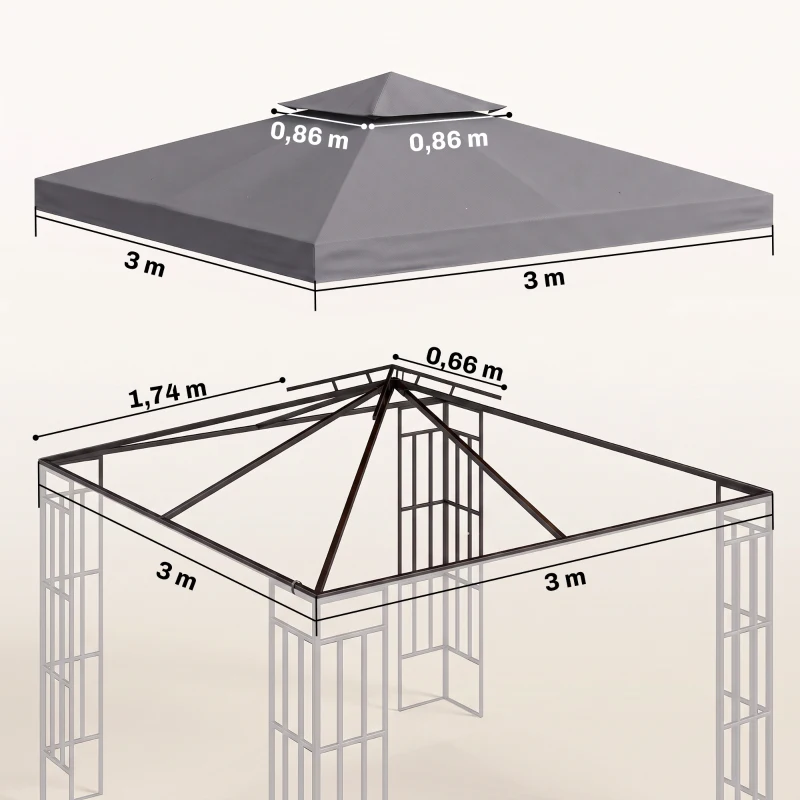 Outsunny Toit de Remplacement pour pavillon de Jardin Toile de Rechange pour pavillon tonnelle Tente 3 x 3 m Gris
