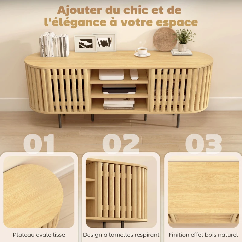HOMCOM Meuble TV, meuble télé pour téléviseur 60 pouces, 2 portes à lattes, 140x40x52cm, bois naturel
