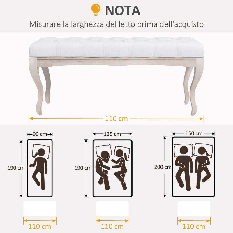 HOMCOM Panca Fondo Letto in Tessuto Effetto Lino, Schiuma e Legno, 110x37x49 cm, Bianco Crema