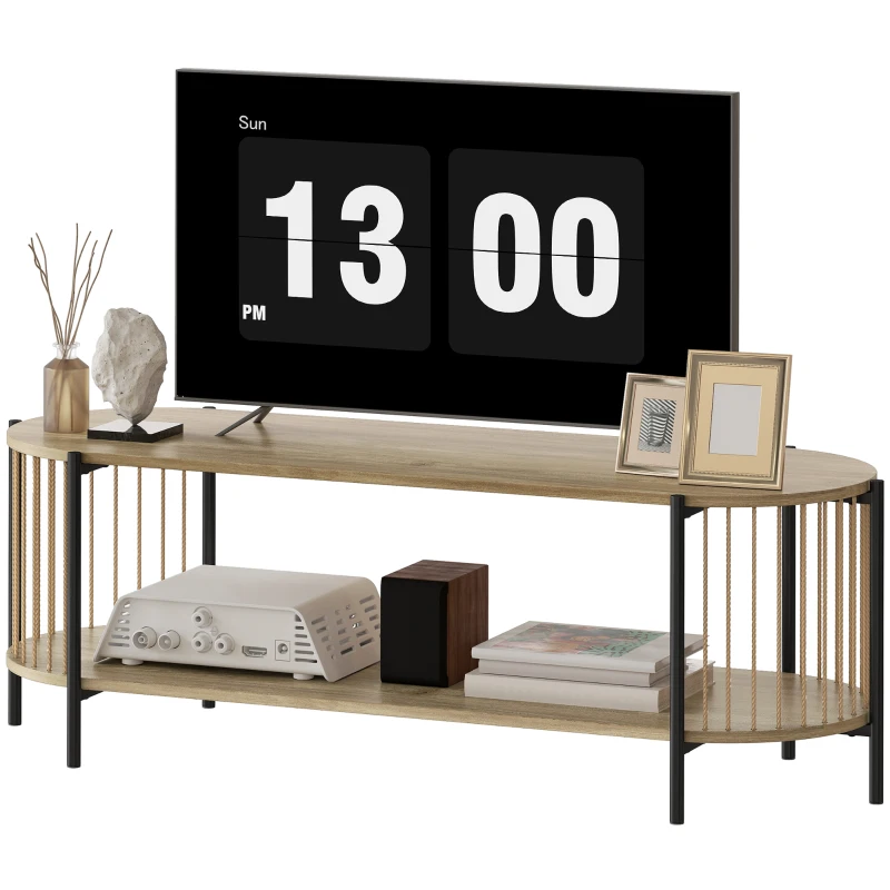 HOMCOM Mueble de TV Estilo Bohemio hasta 55 Pulgadas con Diseño en Cuerda de Papel y 2 Estantes Abiertos 124x43,5x41 cm Natural