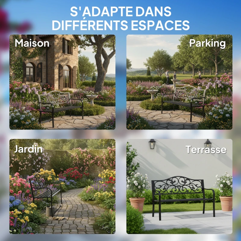 Outsunny Banc de jardin 3 places terrasse Style Cosy Chic 127L x 60l x 85H cm métal époxy anticorrosion Noir
