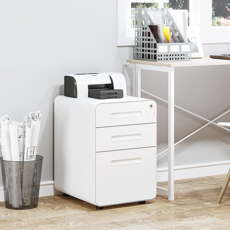 Vinsetto Carrinho com 3 Gavetas Arquivo Móvel com Rodízios Fechável Armário de Escritório com Pastas Suspensas e Porta-lápis, Gaveteiro para Escrivaninha 39x48x59cm Branco