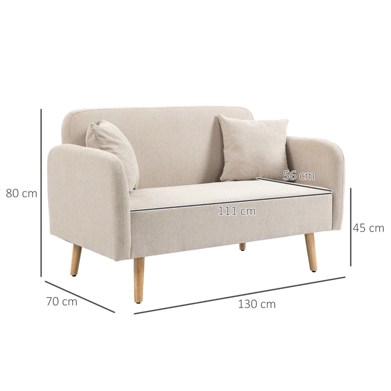 HOMCOM Sofá 2 lugares, design moderno, com 2 almofadas, pés de madeira, 130 x 70 x 80 cm, creme