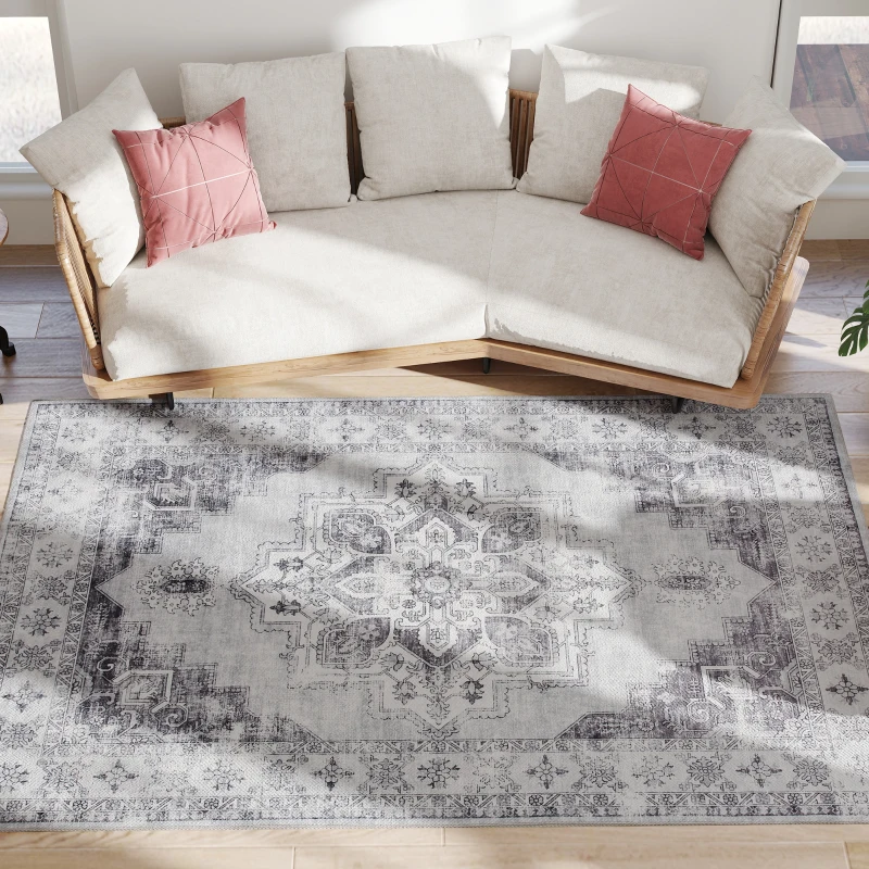 HOMCOM Vintage Area Rug, Non-Slip Washable Rug, Flannel Floor Carpet for Living Room, Bedroom, Dining Room, Home Office, 230 x 160 cm, Grey