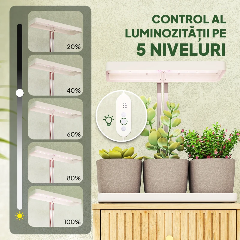 Outsunny Lămpi pentru Plante cu 42 de Lămpi LED, 3 Ghivece, Temporizator și Iluminare Reglabilă, 45x18,8x47,8 cm, Alb