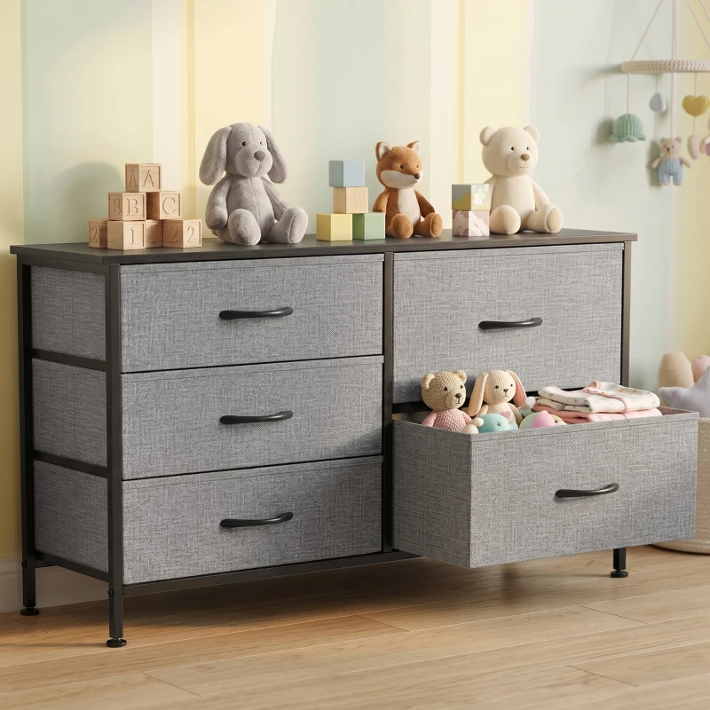 HOMCOM Cómoda con 5 Cajones de Tela Cómoda para Dormitorio Marco de Acero Cajonera para Salón Oficina Gris Oscuro y Negro