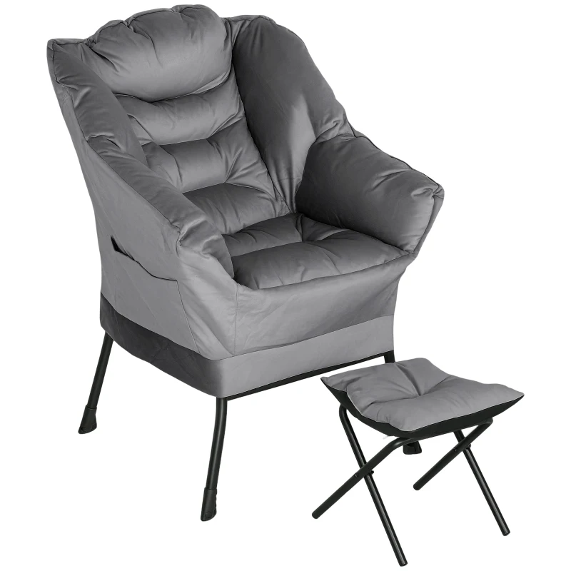 HOMCOM Poltrona Moderna con Poggiapiedi e 2 Tasche Laterali, in Tessuto Effetto Velluto e Acciaio, 80x78x100 cm, Grigio