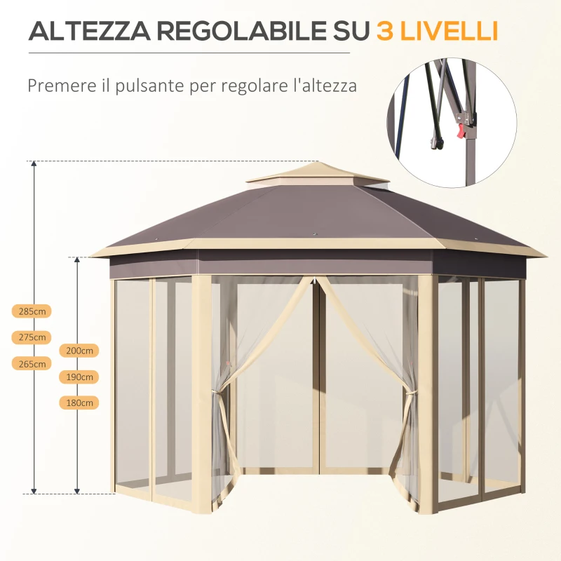 Outsunny Gazebo Pieghevole da Giardino 4x3.4 m ad Altezza Regolabile con Zanzariera e Doppio Tetto, Beige