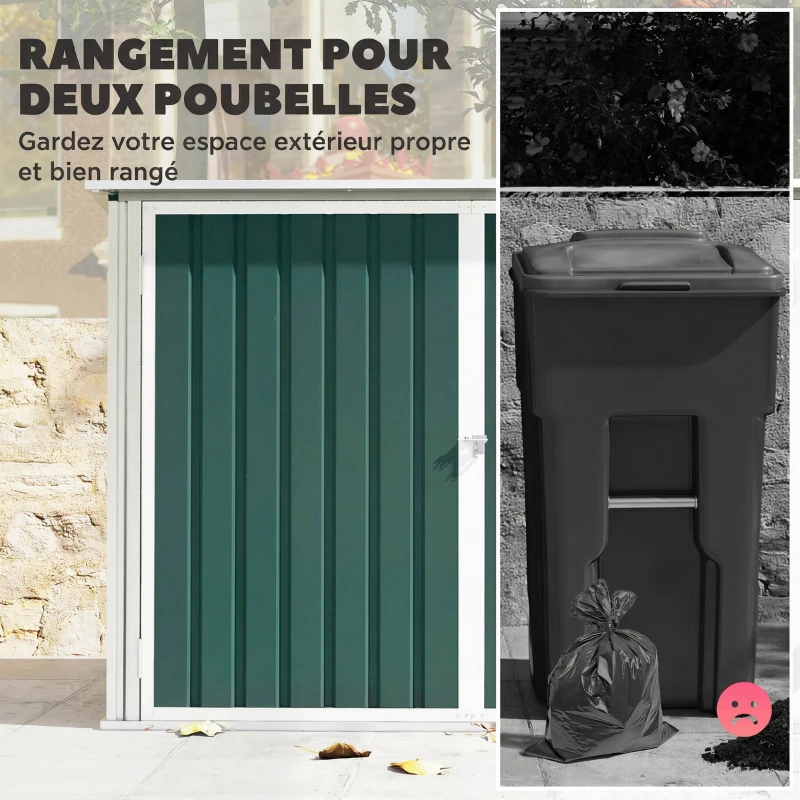 Outsunny Cache Poubelle Extérieur en Acier Galvanisé pour 2 Poubelles, Double Porte, Couvercle Pneumatique, 180x108x130cm, Vert