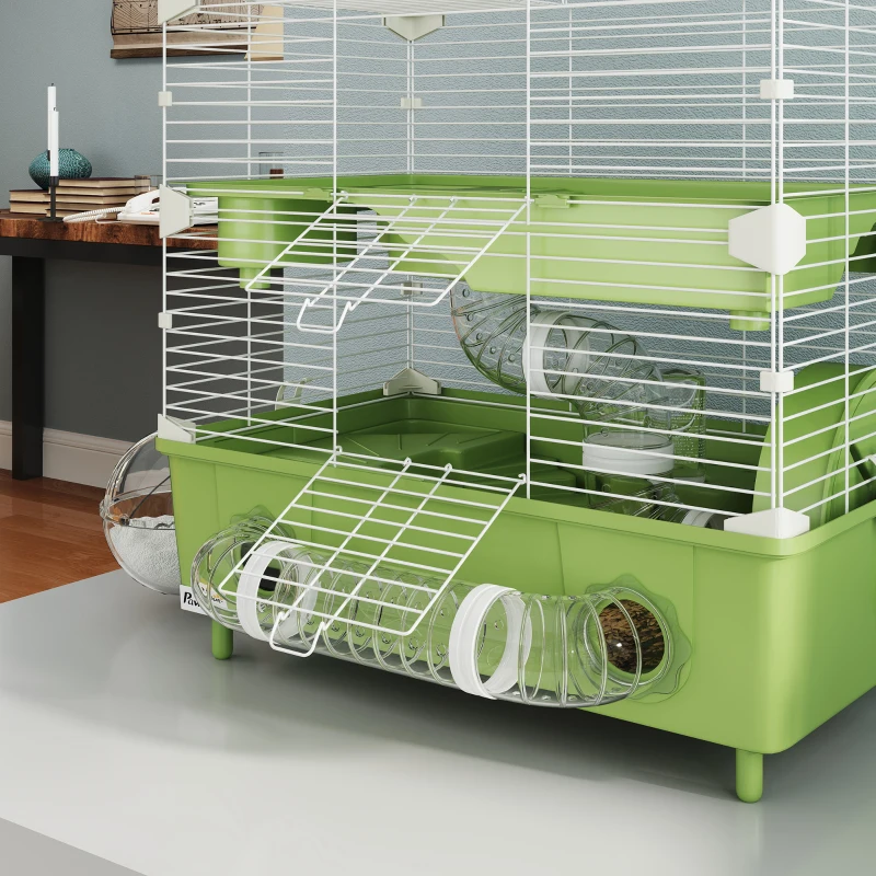 PawHut Gaiola para hamster a 2 níveis com roda de corrida banho de areia para hamster anão 44,5 x 28 x 44 cm verde