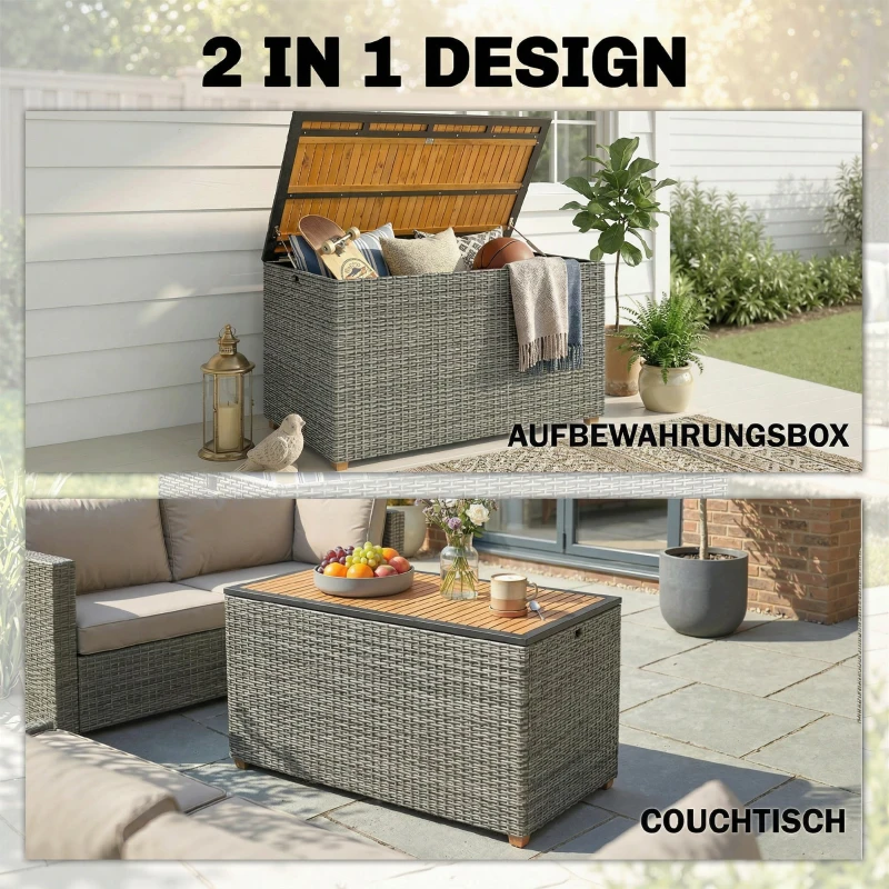 Outsunny Gartenbox 450 L Polyrattan wasserdicht Auflagenbox mit FSC-Holz-Deckel Gasdruckfedern Innenfutter