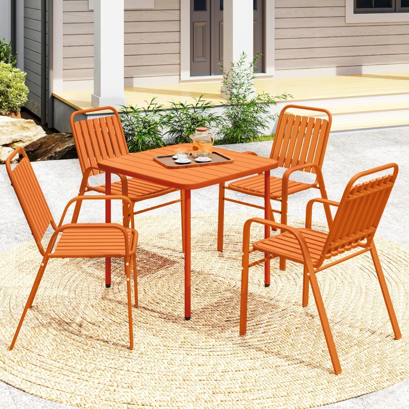 Outsunny Set de 4 Scaune de Grădină Stivuibile cu Spătar Înalt și Brațe, 56x66x91 cm, Maro Închis