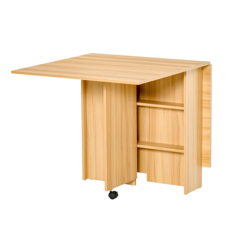 HOMCOM Folding Dining Table, Drop Leaf Table for Small Spaces, Foldable Rectangular Tabletop with Storage Shelves for Kitchen, Dining Room, Teak