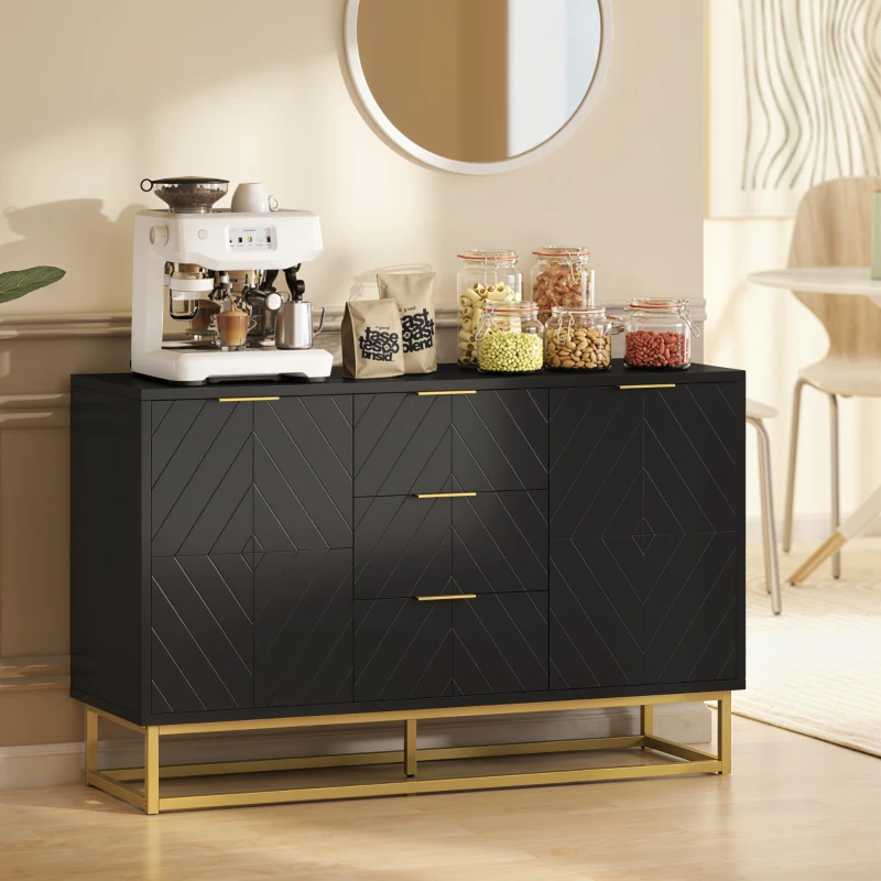 HOMCOM Buffet design contemporain graphique 2 placards porte étagères réglables 3 tiroirs coulissants en bois noir métal doré