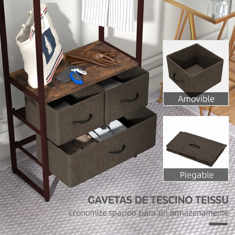 HOMCOM Cuier de Podea cu Bară, 3 Sertare și Rafturi, din Lemn MDF și Oțel, 58,5x30x178 cm, Maro