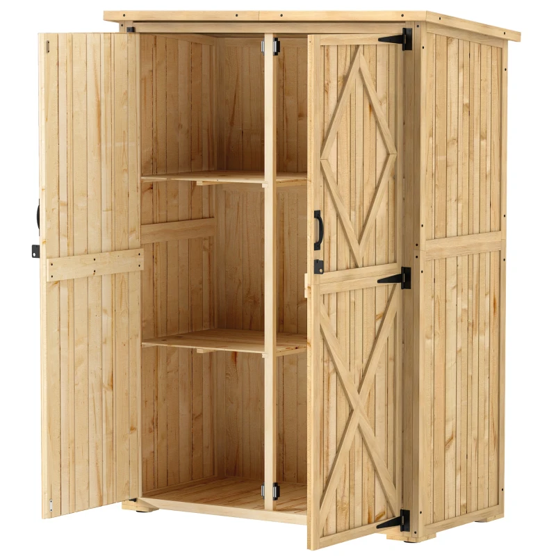 Outsunny Abrigo de armazenamento para jardim, casinha de madeira para ferramentas e equipamentos de jardim, telhado de betume, portas duplas, madeira de abeto, castanho claro