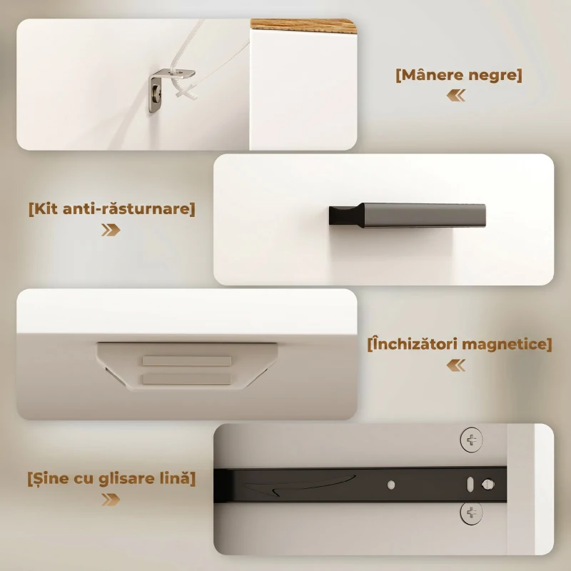 HOMCOM Bufet Modern 2 Sertare și Dulap cu 2 Uși, Raft Interior Reglabil, Alb și Lemn