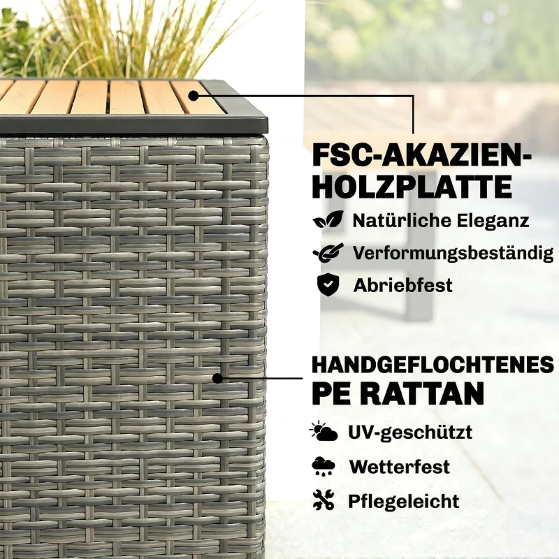 Outsunny Gartenbox 450 L Polyrattan wasserdicht Auflagenbox mit FSC-Holz-Deckel Gasdruckfedern Innenfutter