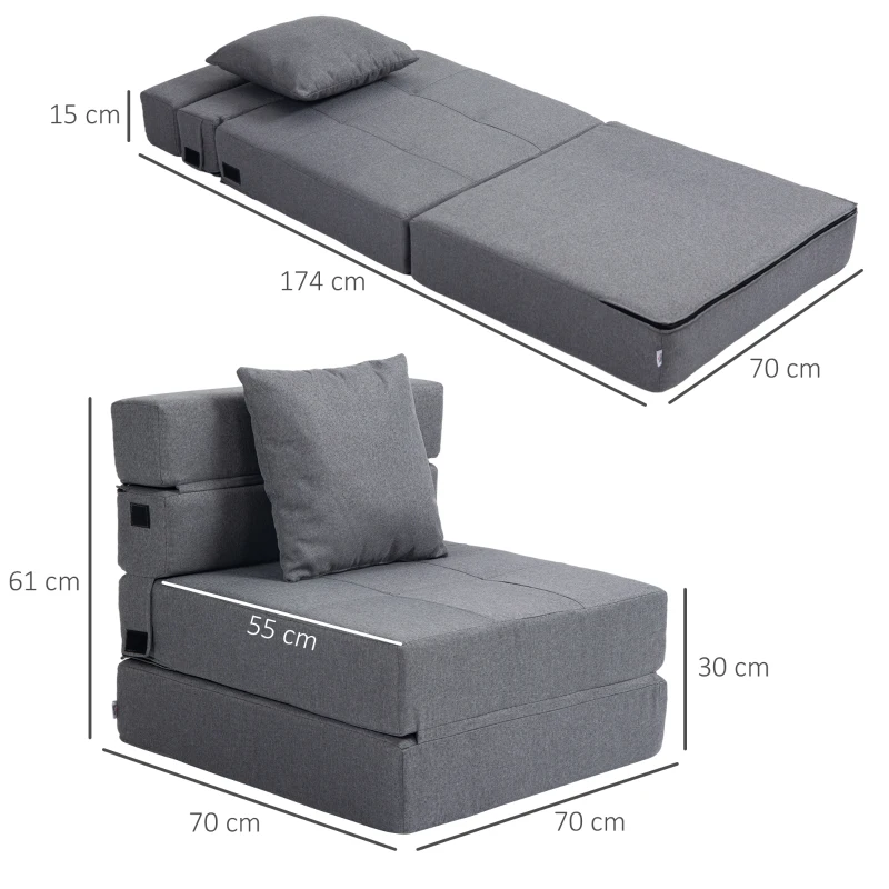 HOMCOM Convertible Chair Bed, Floor Sofa Bed Recliner, Fabric Upholstered Sleeper Lounge Futon with Pillow for Living Room, Dark Grey