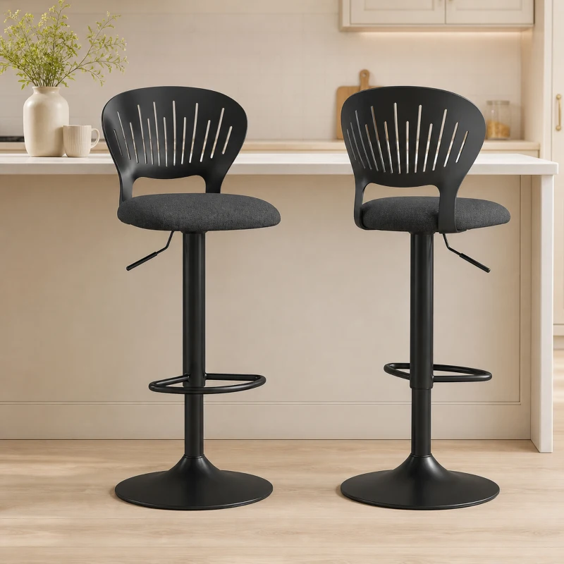 HOMCOM Set 2 Scaune de Bar Reglabile, Scaune de Bucătărie Înalte din Material Textil cu Efect de In cu Spătar, Suport pentru Picioare și Șezut Moale, Cadru Metalic, Scaune Rotative la 360°, Negru